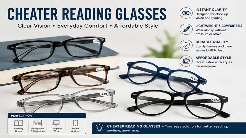 Cheater reading glasses displayed in multiple styles for clear close-up vision and comfortable everyday reading.