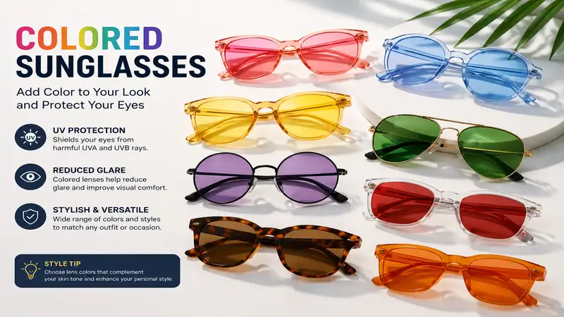 Colored sunglasses displayed in various vibrant lens colors and stylish frame designs