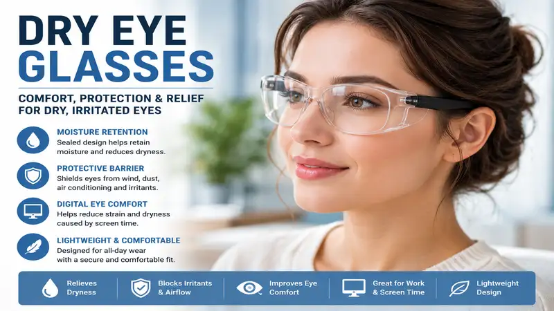 Dry eye glasses designed to help retain moisture and provide comfort for people experiencing dry eye symptoms