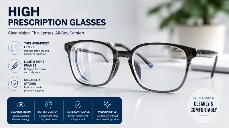 High prescription glasses with thin high-index lenses in a modern lightweight frame for comfortable everyday vision