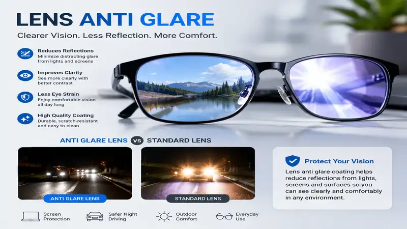 Lens anti glare coating reducing reflections for clearer and more comfortable vision
