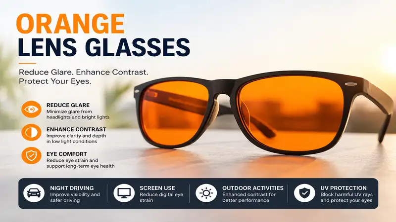 Orange lens glasses designed to reduce glare and improve visual comfort during daily use.