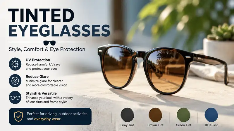 Tinted eyeglasses with stylish colored lenses for everyday wear and UV protection