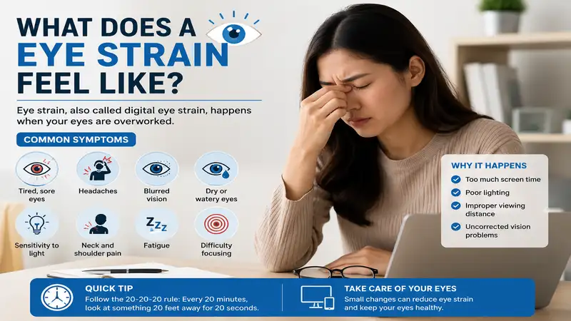 what does a eye strain feel like with common symptoms including tired eyes, headaches, blurred vision, and discomfort after screen use