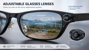 Close-up view of adjustable glasses lenses with a focus adjustment dial and multiple viewing zones