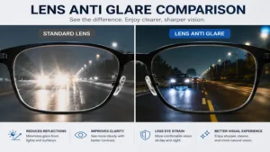Comparison showing lens anti glare versus standard lenses with reduced reflections