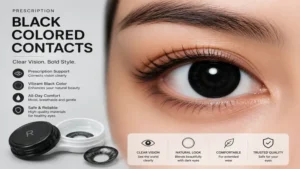 Close-up eye wearing black colored contacts prescription lenses with natural enhancement