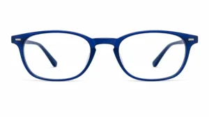Front view of blue frame glasses with a modern square design and clear lenses.
