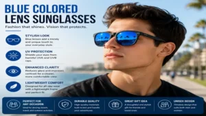 Blue colored lens sunglasses worn outdoors for a fashionable and eye-catching look