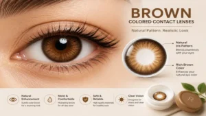 Close-up of brown colored contact lenses showing a natural iris pattern and realistic color blend.