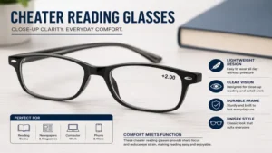 Close-up of cheater reading glasses featuring a lightweight frame for comfortable daily reading.