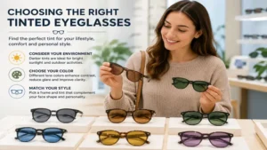 Person choosing tinted eyeglasses with different lens colors for comfort and style