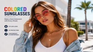 Fashionable colored sunglasses paired with a modern summer outfit