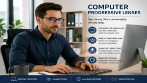 Professional using computer progressive lenses while working comfortably at a desktop computer in an office