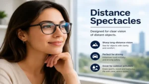 Person wearing distance spectacles for sharp vision while viewing distant objects.