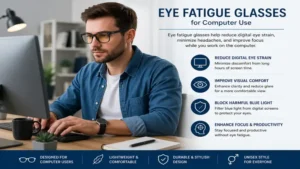 Eye fatigue glasses worn while working on a computer to improve visual comfort and focus