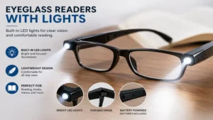 Close-up of eyeglass readers with lights featuring integrated LED lights for clear and comfortable reading.