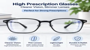 Front view of high prescription glasses featuring slim high-index lenses and a stylish frame