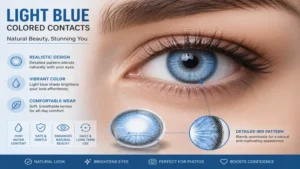 Close-up of light blue colored contacts showing detailed iris patterns and a natural finish.