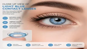 Close-up view of light blue contact lenses showing realistic color coverage and natural eye enhancement