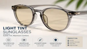 Close-up view of light tint sunglasses showing lightly colored lenses and modern frame design.