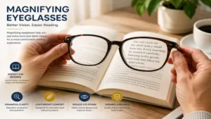 Magnifying eyeglasses helping users read books and small print with ease