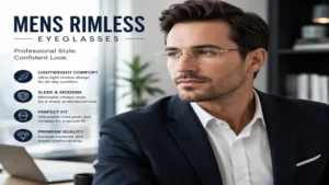 mens rimless eyeglasses paired with professional business attire for a polished look