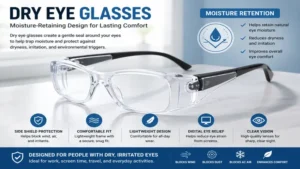 Dry eye glasses with a moisture-retaining design for improved eye comfort in dry environments