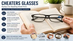 Cheaters glasses helping users read books, labels, and small print comfortably