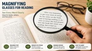 magnifying glasses for reading used to enlarge text in a printed book