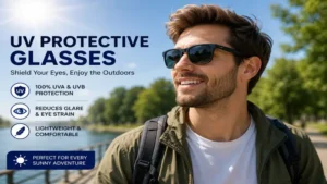 A man wearing uv protective glasses while enjoying a sunny outdoor walk for comfortable all-day eye protection.