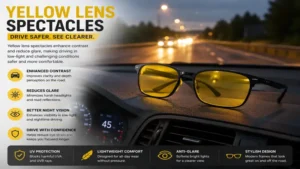 Yellow lens spectacles improving contrast and visibility while driving in low-light conditions