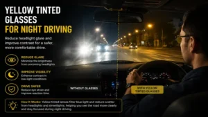 Yellow tinted glasses for night driving worn while driving to help reduce headlight glare at night