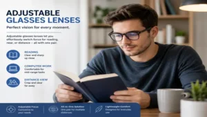 Person reading comfortably with adjustable glasses lenses for clear near vision