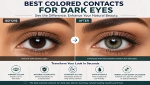 best colored contacts for dark eyes before and after comparison showing realistic color enhancement on dark irises.