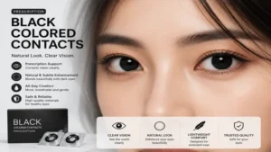 Woman using black colored contacts prescription lenses for a soft and natural appearance