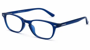 Side angle of blue frame glasses highlighting the lightweight frame and comfortable fit.