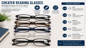 Cheater reading glasses available in multiple magnification strengths to suit different reading needs.