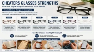 Cheaters glasses available in different magnification strengths for various needs