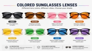Different colored sunglasses lenses showing a range of tint options