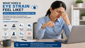 Person experiencing digital eye fatigue to explain what does a eye strain feel like after long hours on a computer