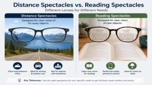 Comparison between distance spectacles and reading spectacles for different vision needs.