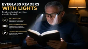 Person using eyeglass readers with lights to read a book comfortably at night with focused LED illumination.