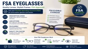 FSA eyeglasses including prescription lenses and modern frames covered under eligible FSA expenses.