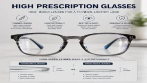 High prescription glasses made with high-index lenses for a thinner profile and clearer vision