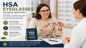 Customer selecting HSA eyeglasses with prescription lenses during an optical store consultation.