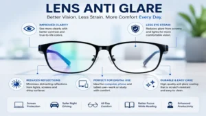 Lens anti glare providing better visual clarity and less eye strain during daily use