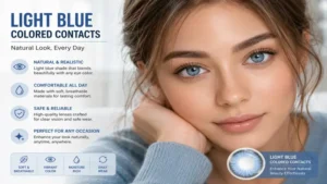 Person wearing light blue colored contacts for a soft, natural everyday eye color transformation.