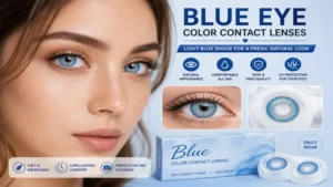 Blue eye color contact lenses in a light blue shade that enhances eye beauty