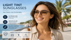 Person wearing light tint sunglasses on a bright day for comfortable vision and eye protection.
